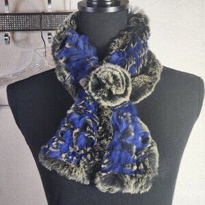 Em-El Knitted Royal Blue Brown Dyed Rex Rabbit Fur Pull Through Scarf w/Flower